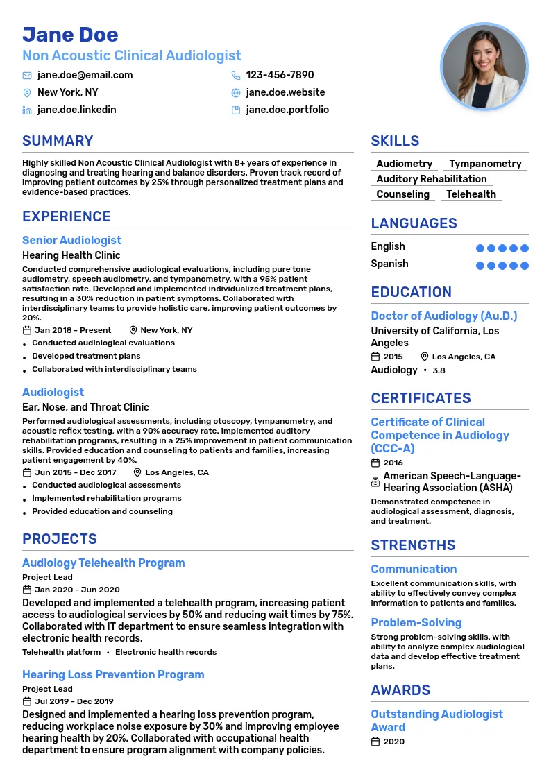 Non Acoustic Clinical Audiologist resume example