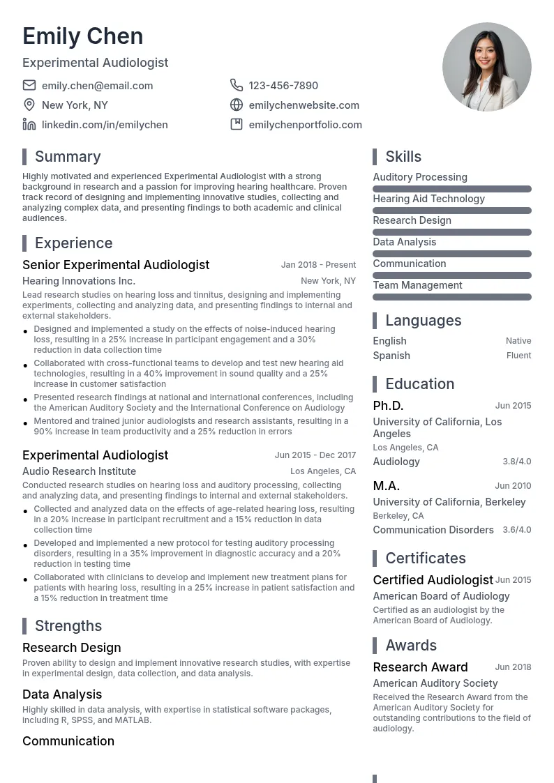 Experimental Audiologist-ReSearch resume example