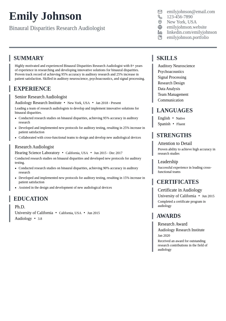Binaural Disparities Research Audiologist resume example