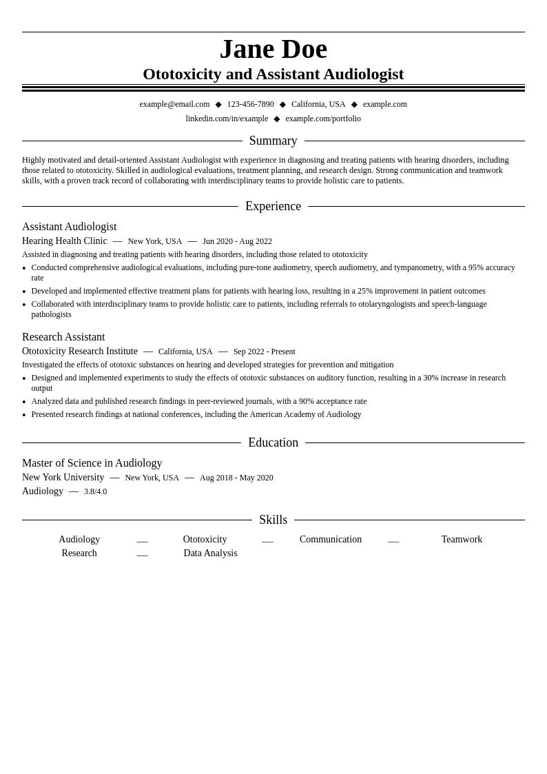 Ototoxicity And Asistent Audiologist resume example