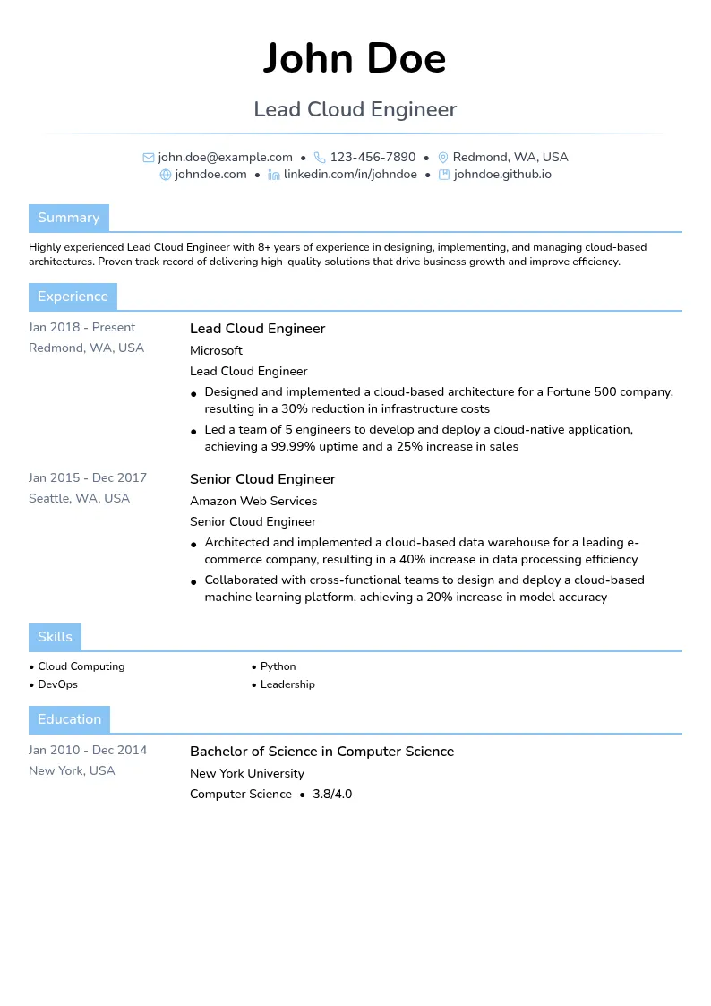 Lead Cloud Engineer resume example