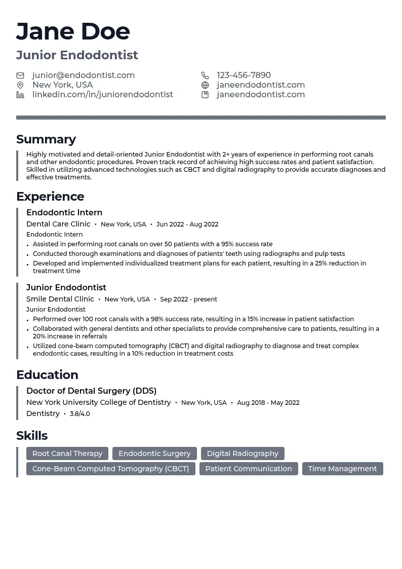 Junior Endodontist resume example