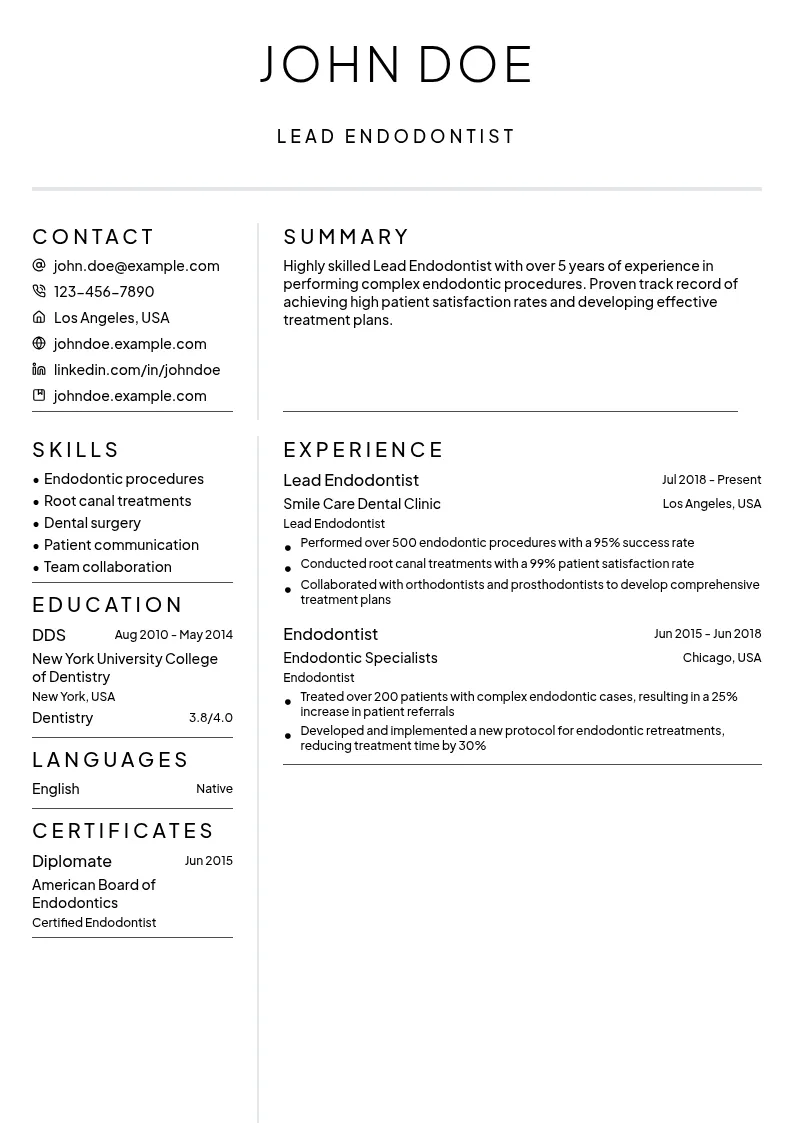 Lead Endodontist resume example