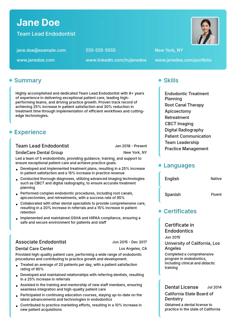 Team Lead Endodontist resume example