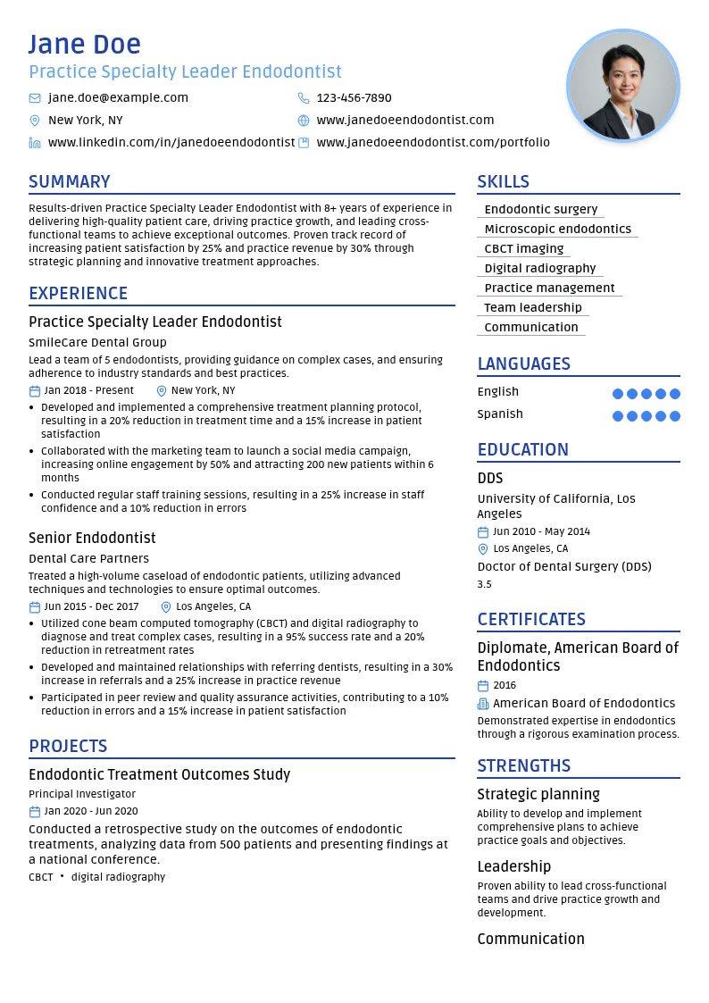 Practice Specialty Leader Endodontist resume example
