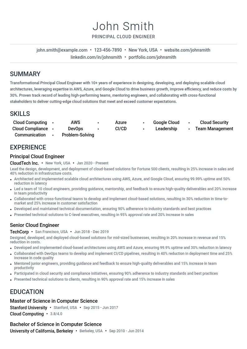 Principal Cloud Engineer resume example
