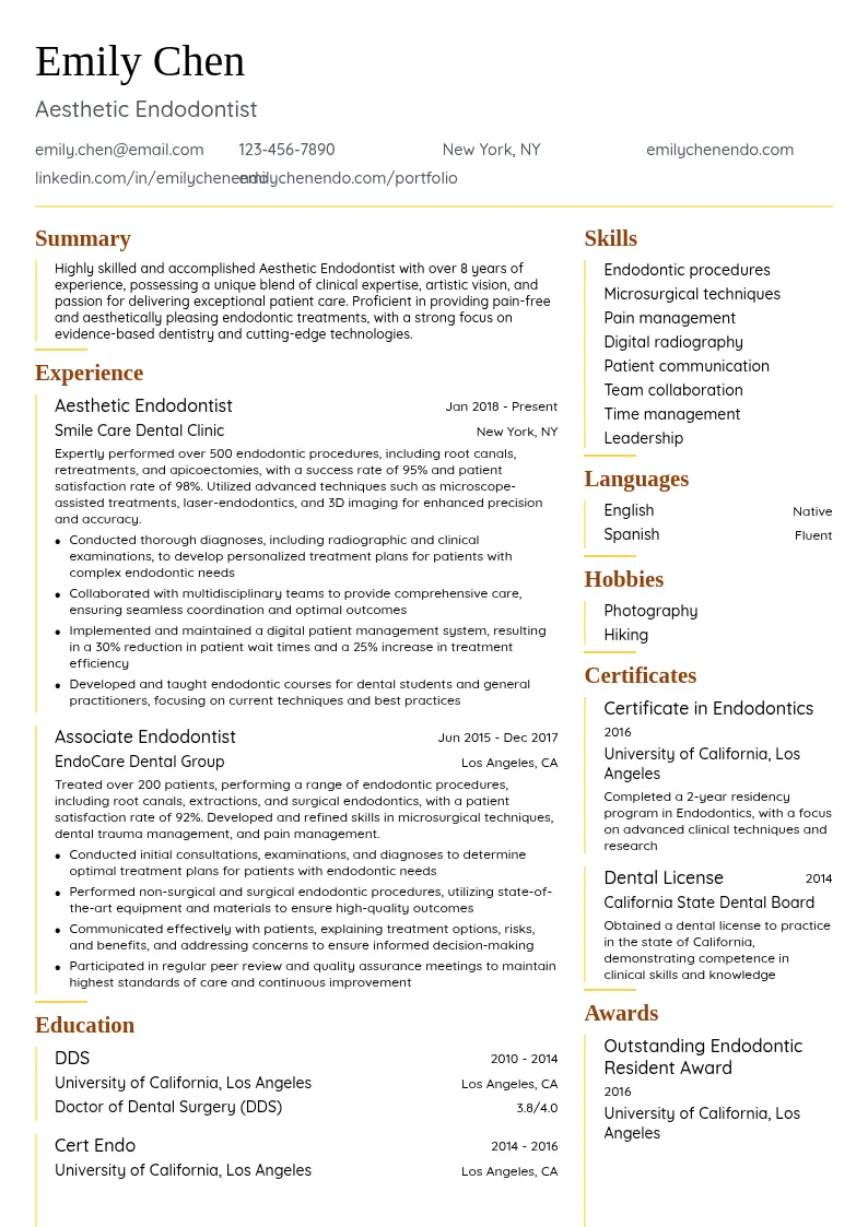 Aesthetic Endodontist resume example