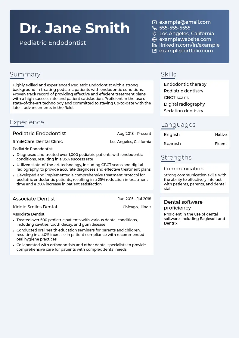 Pediatric Endodontist resume example