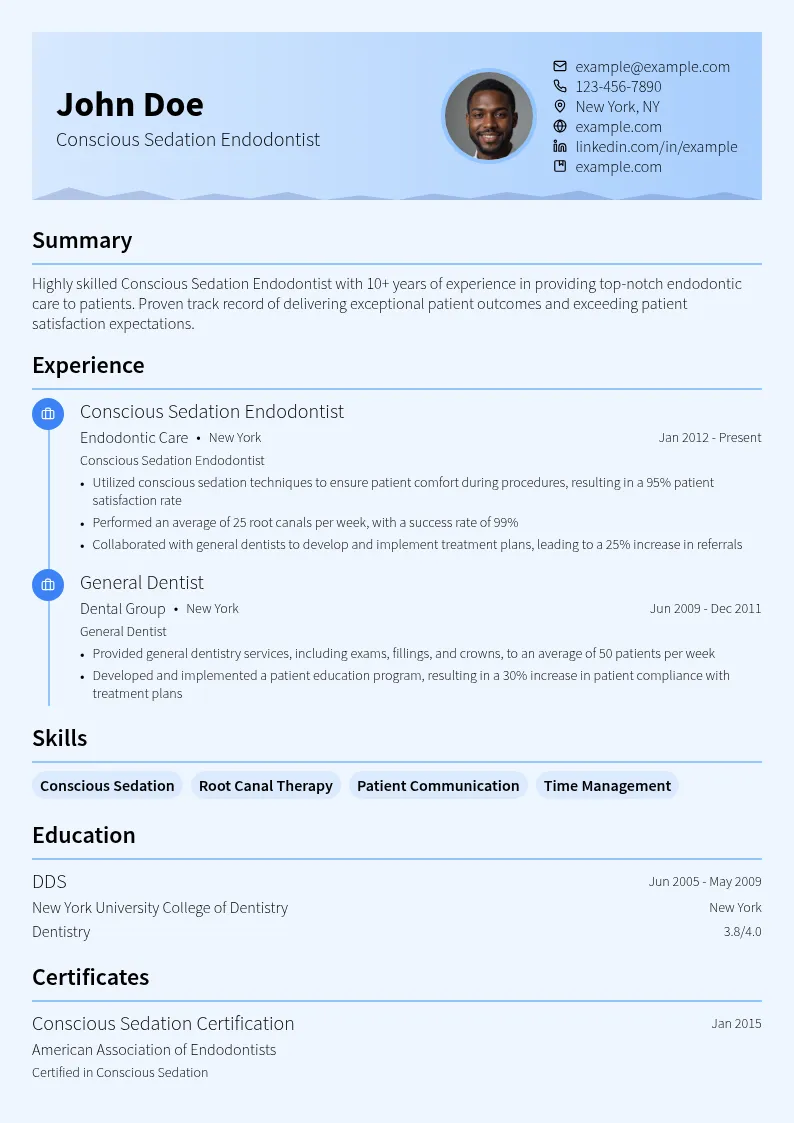 Conscious Sedation Endodontist resume example