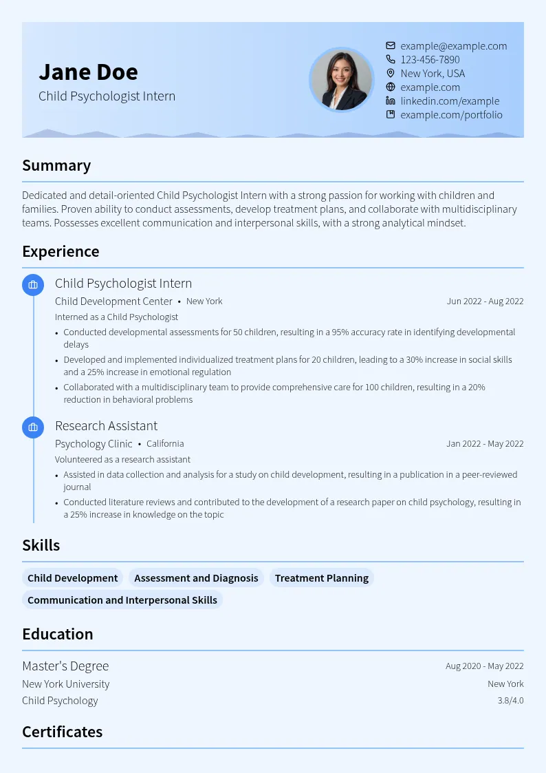 Child Psychologist Intern resume example