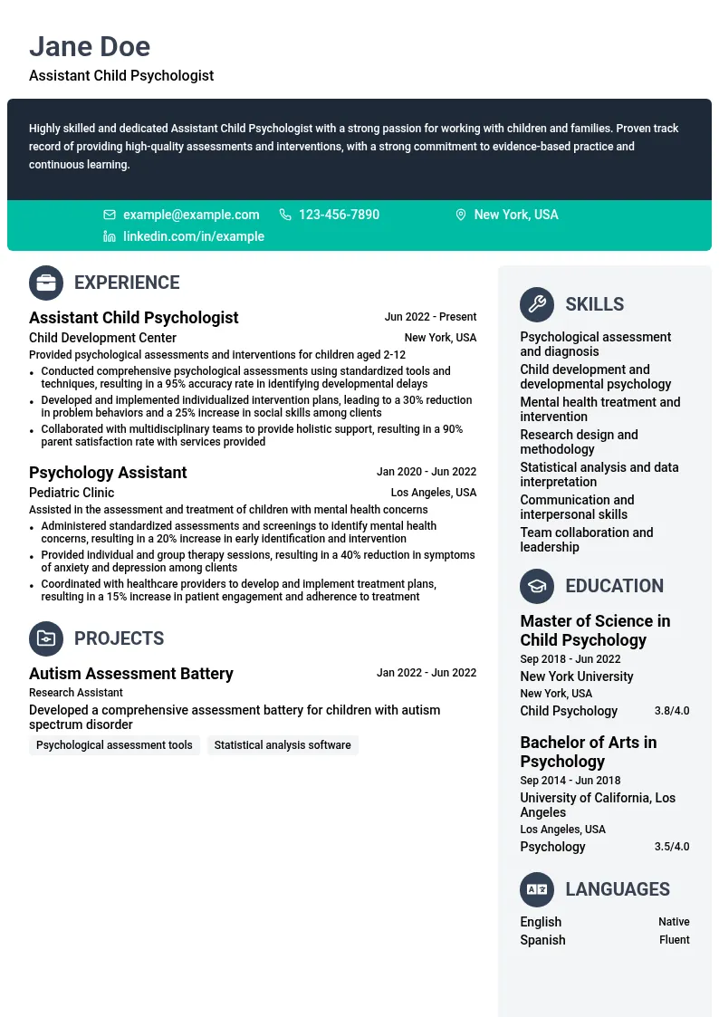 Assistant Child Psychologist resume example