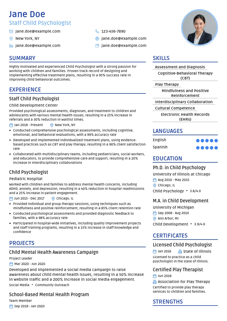 Staff Child Psychologist resume example
