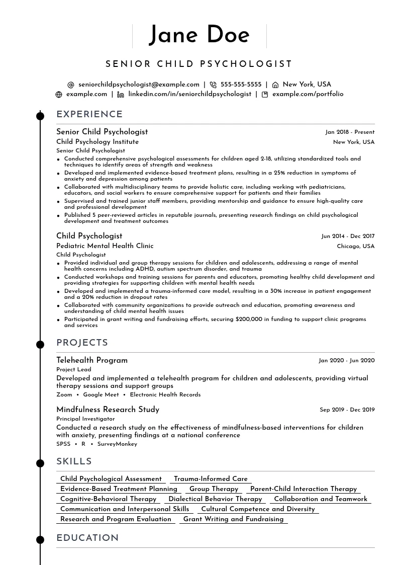 Senior Child Psychologist resume example