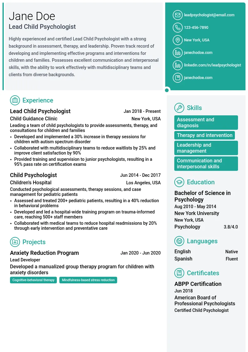 Lead Child Psychologist resume example