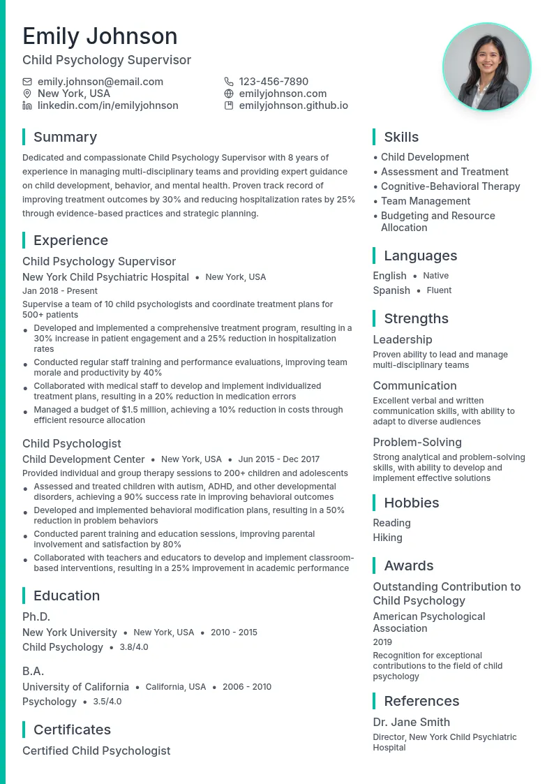 Child Psychology Supervisor resume example