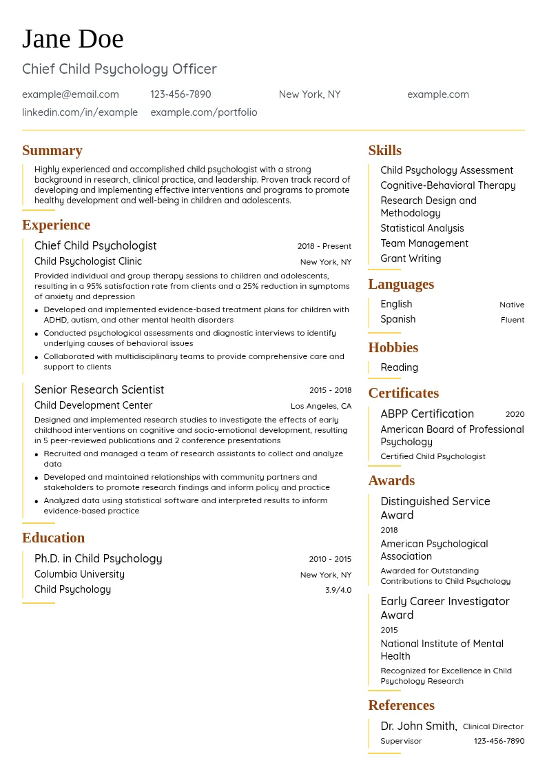 Chief Child Psychology Officer resume example