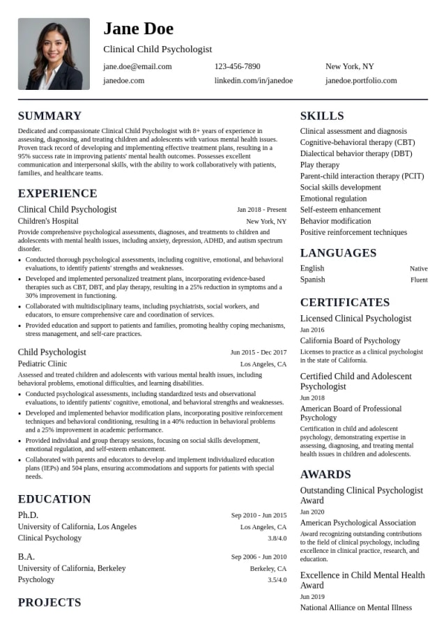 Clinical Child Psychologist resume example