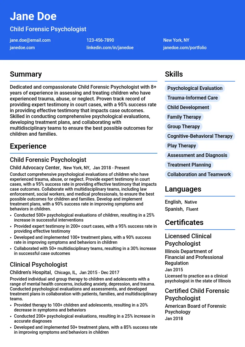 Child Forensic Psychologist resume example