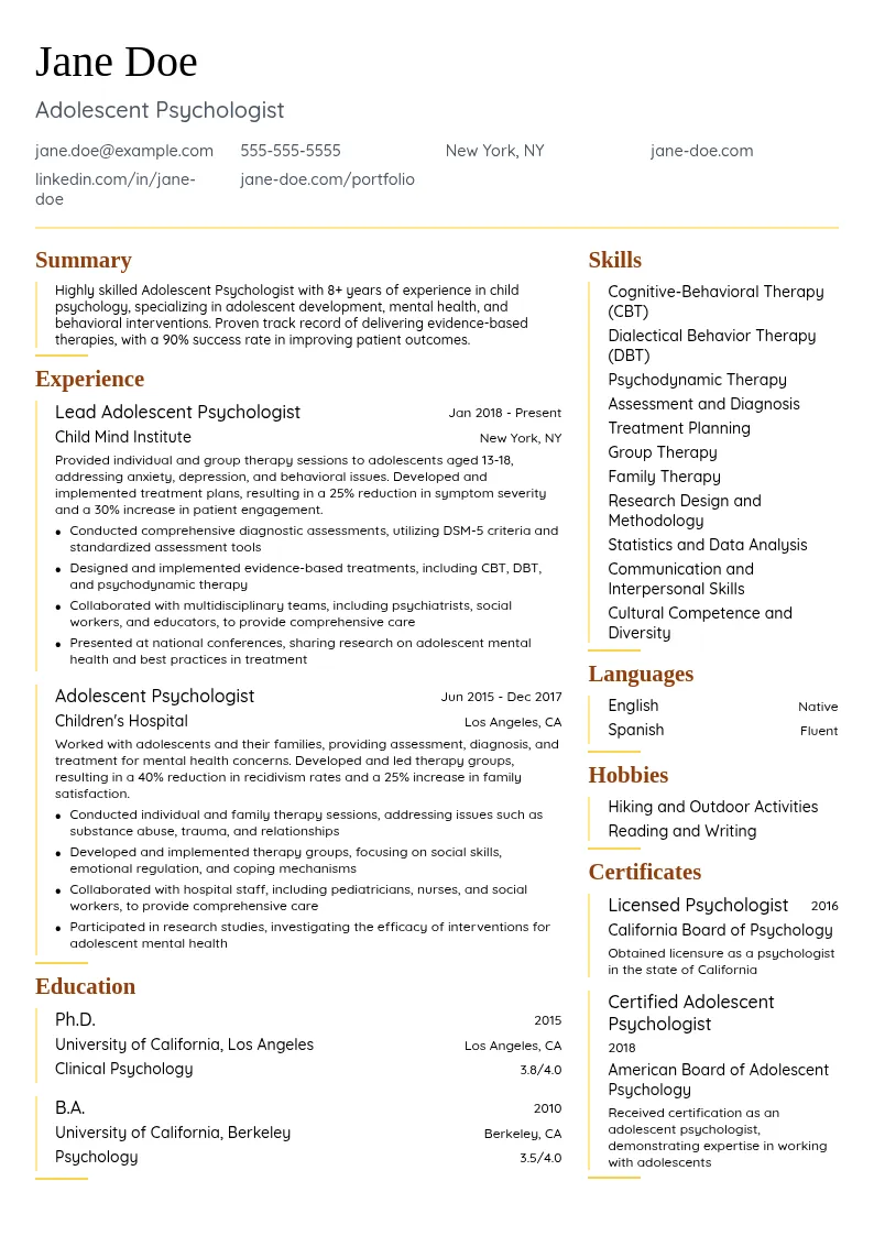 Adolescent Psychologist resume example