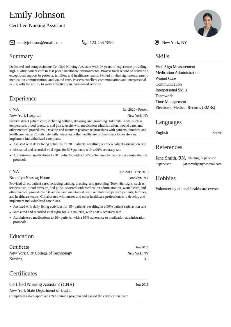 Entry-Level CNA resume example