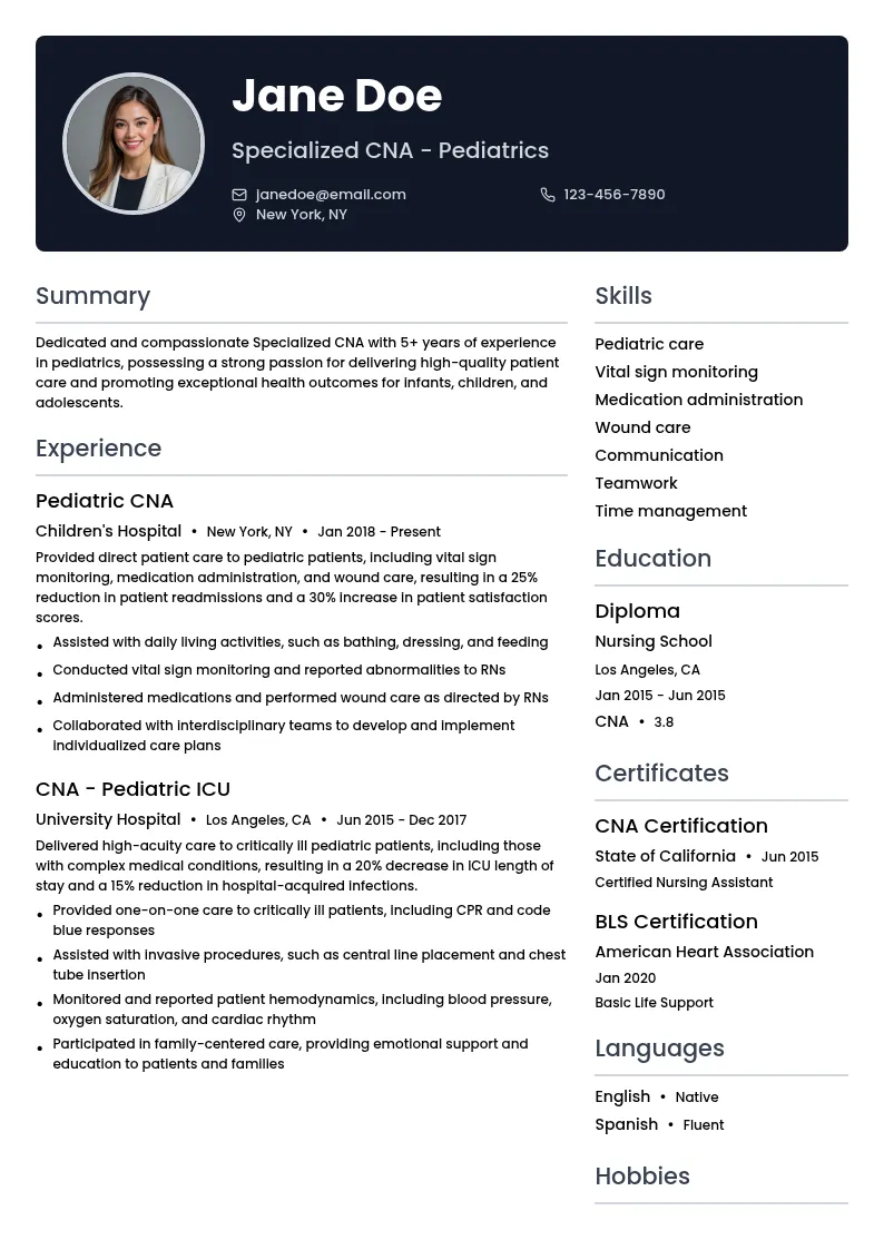 Specialized CNA - Pediatrics resume example