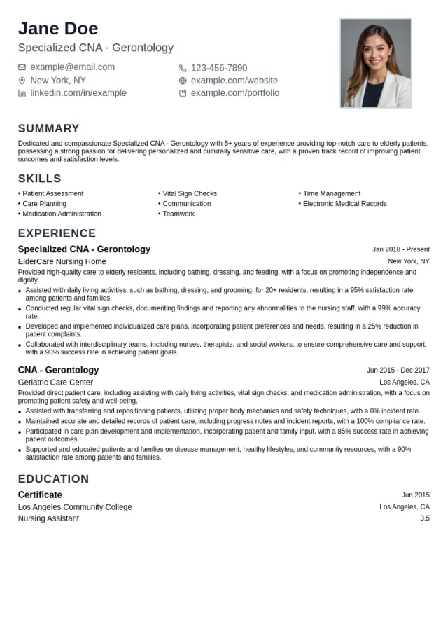 Specialized CNA - Gerontology resume example