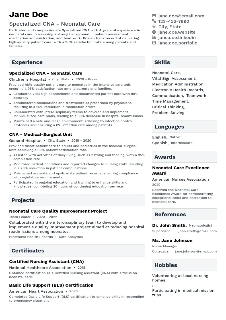 Specialized CNA - Neonatal Care resume example
