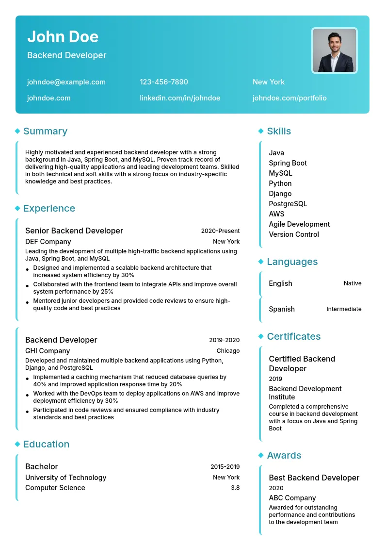 Backend Developer resume example