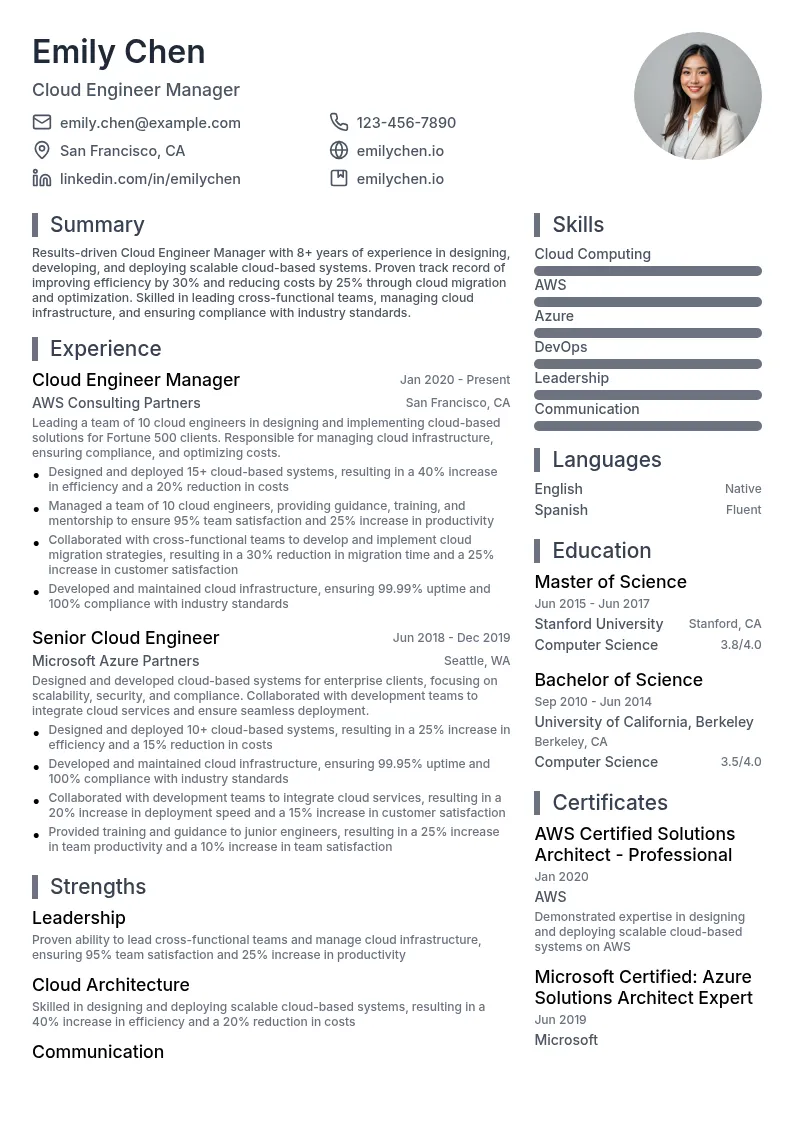 Cloud Engineer Manager resume example