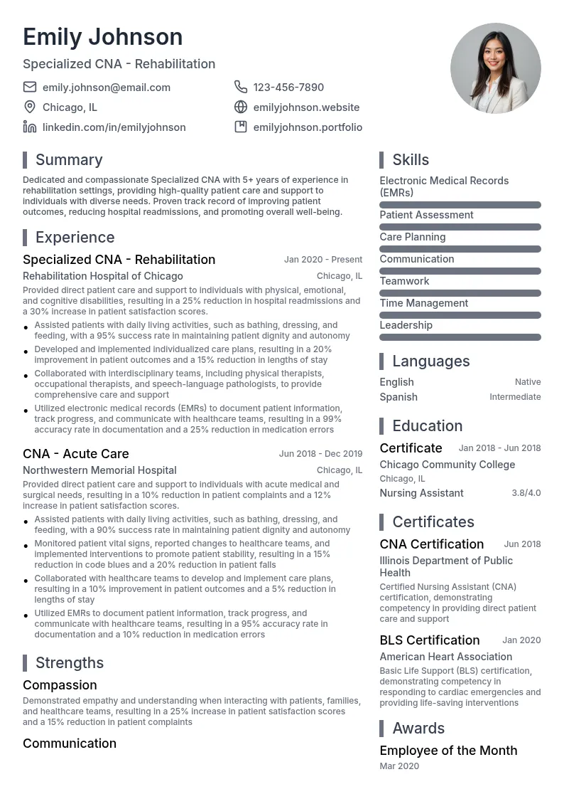 Specialized CNA - Rehabilitation resume example