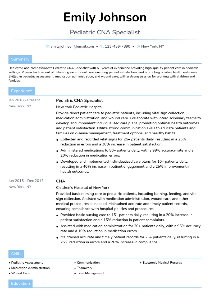 Pediatric CNA Specialist resume example