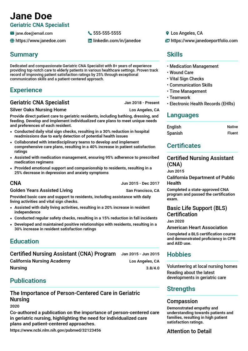 Geriatric CNA Specialist resume example
