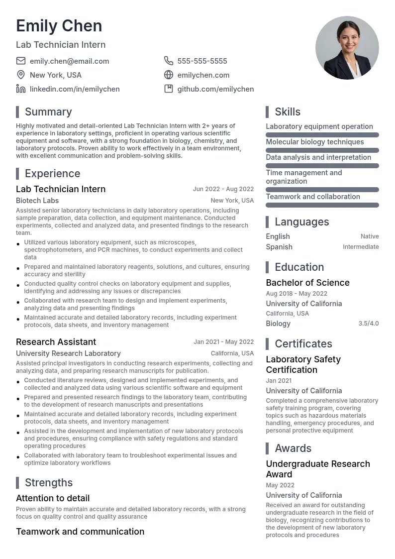 Lab Technician - Intern resume example