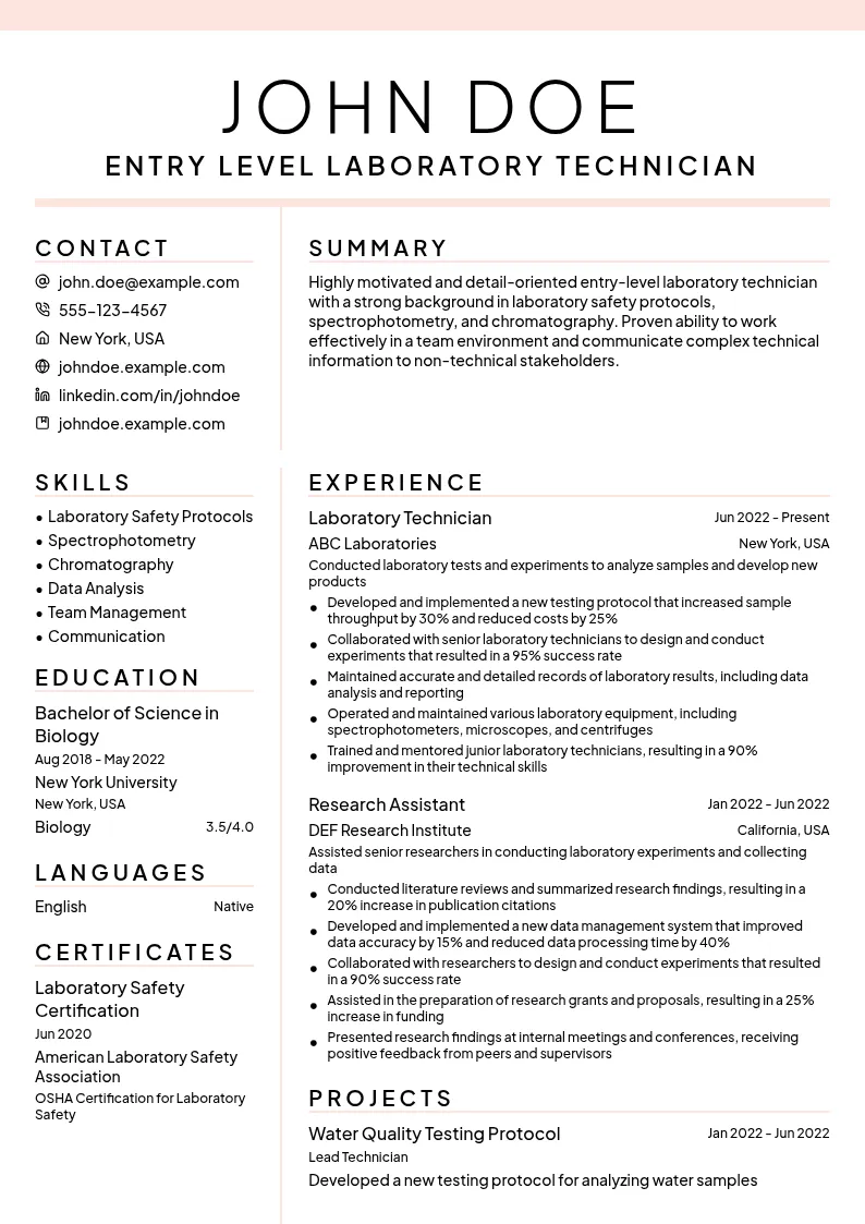 entry level laboratory technician resume example