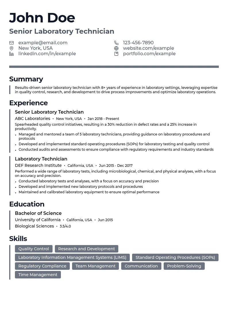 senior level laboratory technician resume example