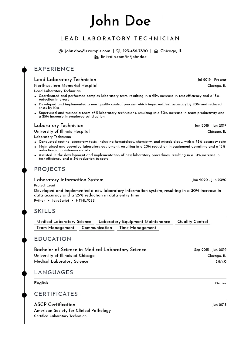 lead laboratory technician resume example