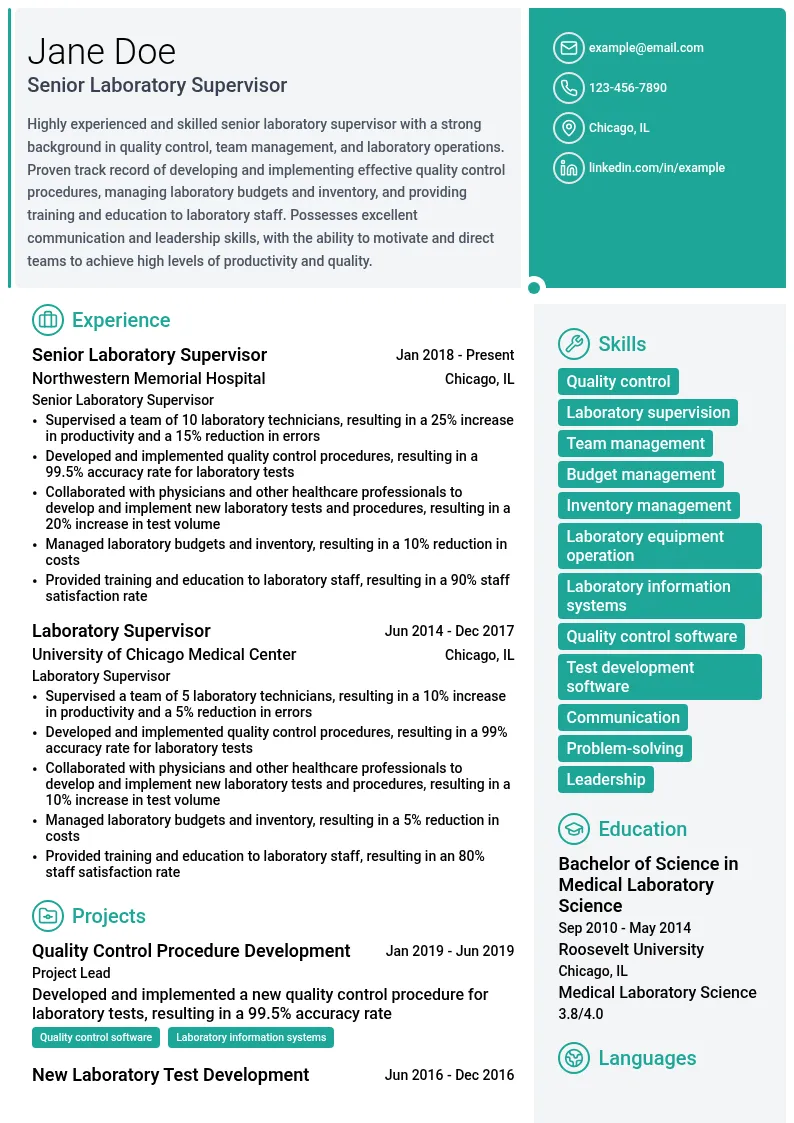 senior laboratory supervisor resume example