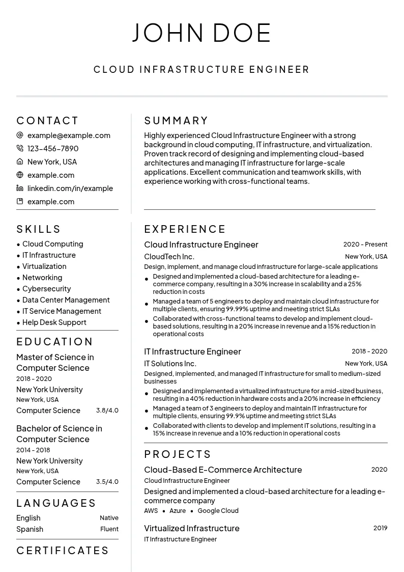 Cloud Infrastructure Engineer resume example