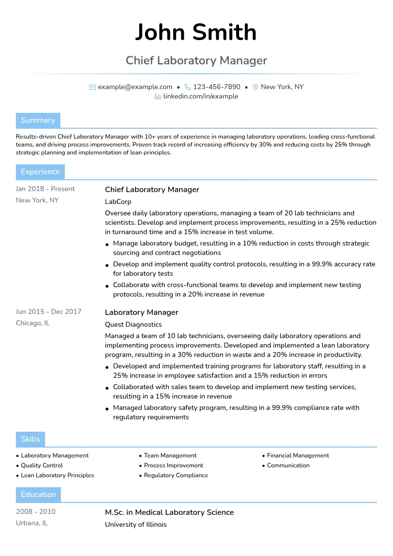 Chief Laboratory Manager resume example
