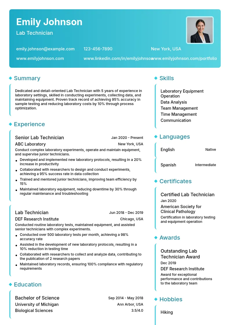 Lab Technician resume example