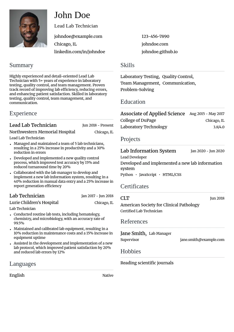 Lead Lab Technician resume example