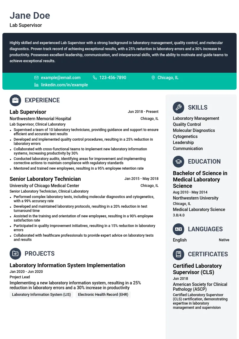 Lab Supervisor resume example