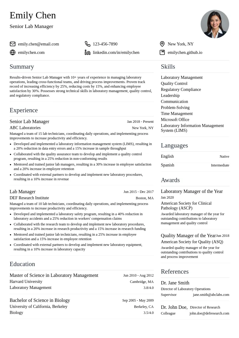Senior Lab Manager resume example