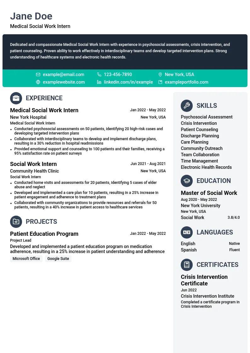 Medical Social Work Intern resume example