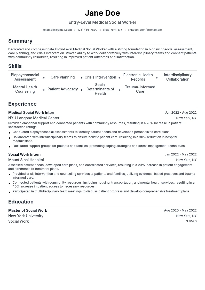 Entry-Level Medical Social Worker resume example