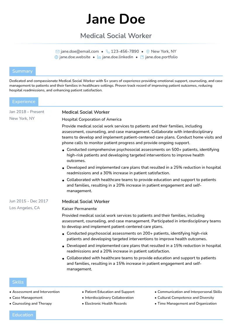 Medical Social Worker resume example
