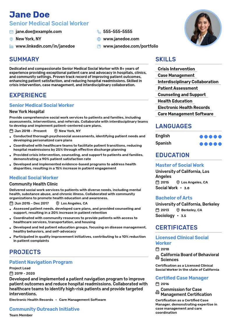 Senior Medical Social Worker resume example