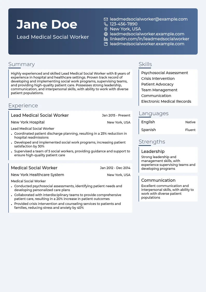 Lead Medical Social Worker resume example