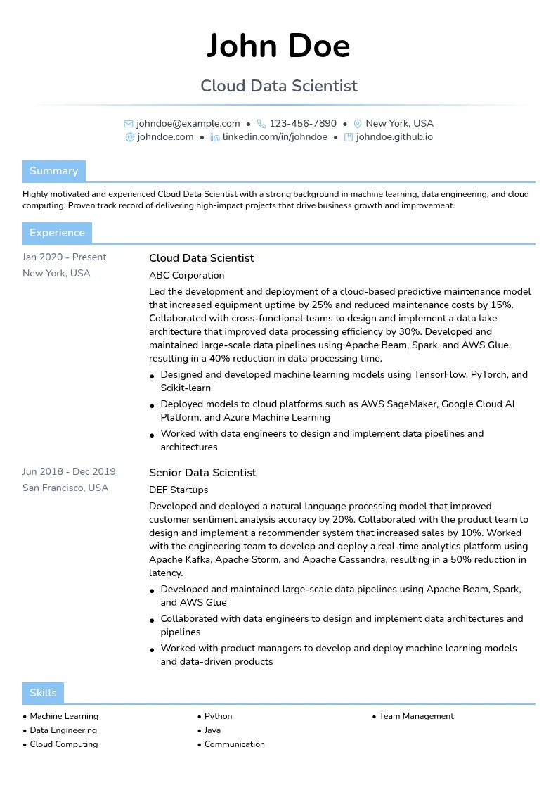 Cloud Data Scientist resume example