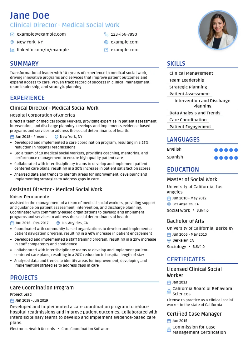 Clinical Director - Medical Social Work resume example